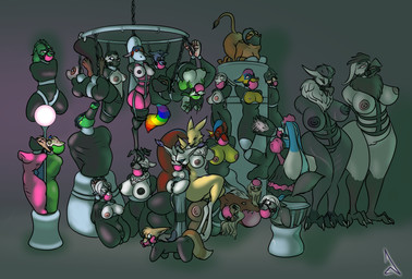 2_horns all_fours anthro areola avian_feet ball_gag bdsm big_ball_gag big_breasts biped bitchsuit black_bodysuit black_clothing black_skinsuit blinders blue_markings bodysuit bondage bondage_gear bound breasts brown_body brown_fur buckteeth cleaning_tool clothing countershade_fur countershade_torso countershading dipstick_ears dominant dominant_female ear_frill ear_markings ear_tuft eye_markings eyes_closed eyewear feather_duster feather_duster_in_mouth female flexible floppy_ears forniphilia frill_(anatomy) fur gag gagged gimp_mask gloves_(marking) group hand_on_head horn larger_dom larger_female larger_sub leg_markings legs_behind_head legs_up long_ears looking_down lop_ears male markings mask medium_breasts multicolored_body multicolored_ears multicolored_fur multicolored_tail muzzle_(object) muzzled neck_tuft nipples nude rainbow_tail simple_background sitting sitting_on_another size_difference skinsuit small_breasts smaller_female socks_(marking) submissive submissive_female submissive_male suspension suspension_bondage tail tail_tuft tan_body tan_fur teeth thigh_markings tight_clothing tomoe_(symbol) tuft two_tone_body two_tone_fur white_body white_countershading white_fur white_markings yellow_body yellow_fur raevild bandai_namco digimon european_mythology mythology arkose_(slyenigmafox) bev_(bevwin) dravix_(dravix) feng_(twilightzephyr) kince kyrdyrre_(character) talamh_(twilightzephyr) trevon accipitriform ambiguous_species avian bear beaver bird canid canine canis coyote digimon_(species) domestic_cat domestic_dog dragon felid feline felis fennec_fox fox gatomon gecko hybrid jackal lagomorph leopardus leporid lion lizard mammal margay mythological_creature mythological_scalie pantherine rabbit renamon reptile rodent scalie snow_leopard tiger true_fox vulture western_dragon wolf 2026 hi_res