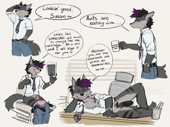 accessory anthro balls belt black_penis blue_eyes bottomwear boxers_(clothing) clothing collared_shirt container cup dialogue dress_shirt flaccid fur genitals grey_body grey_fur hair highlights_(coloring) holding_container holding_cup holding_mug holding_object humanoid_genitalia humanoid_penis lying male mug necktie on_side pants penis photocopier photocopying_butt purple_hair seductive shirt solo speech_bubble tail text topwear underwear unprofessional_behavior kapri nouveau_howler canid canine canis mammal wolf absurd_res english_text hi_res