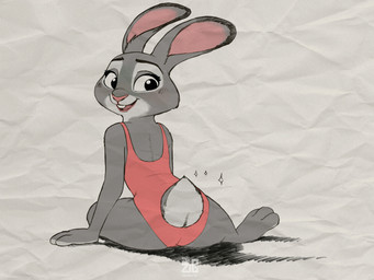 anthro blush buckteeth butt clothed clothing female fur grey_body grey_fur looking_at_viewer looking_back one-piece_swimsuit open_mouth scut_tail short_tail simple_background sitting smile solo swimwear tail teeth zigrock001 disney zootopia judy_hopps european_rabbit lagomorph leporid mammal oryctolagus rabbit 2025 4:3 absurd_res hi_res painting_(artwork) traditional_media_(artwork) traditional_painting_(artwork) traditional_watercolor_(artwork) watercolor_(artwork)