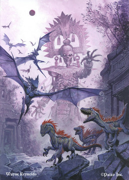 ambiguous_gender claws feral flying green_body group membrane_(anatomy) membranous_wings outside ruins sharp_teeth sickle_claw standing tail teeth temple toe_claws wings wayne_reynolds paizo pathfinder dinosaur humanoid prehistoric_species reptile saurischian scalie sceaduinar theropod undead 2025 official_art traditional_media_(artwork)