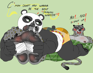 4_toes anthro asking asking_another black_body black_fur black_nose blush claws dialogue duo exclamation_point feet foot_fetish foot_focus fur green_background green_eyes grey_body grey_fur male markings multicolored_body multicolored_fur nipples one_eye_closed open_mouth open_smile pecs question_mark restrained short_tail simple_background smile spots spotted_body spotted_fur spotted_markings spotted_tail tail tail_markings teeth text tickle_fetish tickle_torture tickling tickling_feet toe_claws toes tongue white_body white_fur vhenus dreamworks kung_fu_panda master_po_ping tai_lung_(kung_fu_panda) bear felid giant_panda mammal pantherine snow_leopard english_text