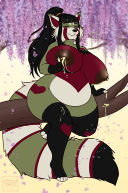 anthro belly big_belly big_breasts bite biting_lip biting_own_lip black_hair bodily_fluids breasts brown_nipples cheek_tuft closed_smile dipstick_ears ear_markings facial_tuft female fur gloves_(marking) green_body green_fur hair holding_breast huge_breasts lactating leg_markings looking_at_viewer markings mouth_closed multicolored_ears narrowed_eyes nipples nude orange_eyes overweight overweight_anthro overweight_female red_body red_fur self_bite sitting smile socks_(marking) solo striped_markings striped_tail stripes tail tail_markings tuft white_body white_fur tiggybloom ailurid mammal red_panda 2019 hi_res