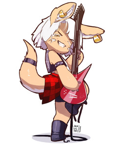>_< anthro black_clothing boots bottomwear bracelet brown_body brown_fur clothed clothing collar ear_piercing ear_ring electric_guitar eyes_closed female fluffy footwear fur guitar hair happy inner_ear_fluff jewelry legwear musical_instrument open_mouth pattern_bottomwear pattern_clothing pattern_skirt piercing plaid plaid_bottomwear plaid_clothing plaid_skirt playing_guitar playing_music plucked_string_instrument pointy_ears pose raised_tail red_clothing ring_piercing shirt shoes shorts simple_background skirt smile solo spiked_bracelet spiked_collar spikes string_instrument tail teeth text topwear tuft white_hair yellow_eyes skalelsky made_in_abyss nanachi lagomorph leporid mammal monster narehate rabbit absurd_res digital_media_(artwork) full-length_portrait hi_res portrait