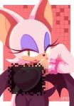 anthro bat bat_wings blue_eyeshadow border breasts clothing eyeshadow female gloves green_eyes handwear hi_res illusion makeup mammal membrane_(anatomy) membranous_wings optical_illusion pink_background rouge_the_bat sega shake_your_screen simple_background solo sonic_the_hedgehog_(series) uno_yuuji white_border wings