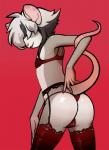 anthro bra butt clothed clothing crossdressing femboy garter_belt garter_straps hair hair_over_eyes legwear lingerie male panties simple_background solo stockings thigh_highs thong underwear kittellox_(artist) ainsley_(namelessbookworm) american_opossum mammal marsupial