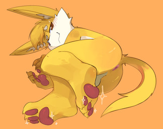 3_toes 4_fingers anthro anus balls biped blush blush_lines bodily_fluids brown_eyes brown_nose butt cheek_tuft claws closed_smile eyebrows facial_tuft feet finger_claws fingers foot_focus fur genitals glistening glistening_butt glistening_eyes hindpaw inner_ear_fluff looking_at_viewer lying male male_anthro mouth_closed multicolored_body multicolored_fur nude nude_anthro nude_male on_side orange_background pawpads paws pink_anus pink_pawpads pointy_ears prick_ears simple_background smile smiling_at_viewer solo sparkles sweat tail teeth toe_claws toes tuft two_tone_body two_tone_fur white_balls white_body white_eyebrows white_fur white_inner_ear_fluff yellow_body yellow_claws yellow_fur yellow_tail young young_anthro young_male smite_(artist) league_of_legends riot_games tencent smite_(character) mammal yordle 2026 digital_drawing_(artwork) digital_media_(artwork) hi_res adult_(lore)