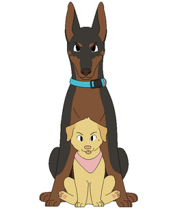 ambiguous_gender blep blue_collar brown_body brown_fur brown_nose collar digitigrade duo eyebrows feral floppy_ears folded_ears fur grey_body grey_fur kerchief mischievous pawpads paws pink_kerchief pointy_ears prick_ears serious simple_background sitting size_difference tongue tongue_out toony white_background yellow_body yellow_fur sebdoggo blue_(sebdoggo) canid canine canis dobermann domestic_dog mammal pinscher 2015 digital_drawing_(artwork) digital_media_(artwork) flat_colors trans_(lore) trans_man_(lore)