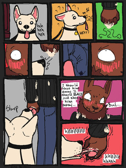 ambiguous_gender anthro anthro_on_feral bestiality black_clothing black_sweater black_topwear blue_bottomwear blue_clothing blue_pants blush bodily_fluids bottomwear brown_body brown_fur clothing cum cum_on_clothing cum_on_hand duo erection erection_under_clothing feral fur genital_fluids licking_cum male male/ambiguous neck_tuft nervous pants precum precum_through_clothing public public_transportation speech_bubble standing sweater text topwear train tuft vehicle wet wet_clothing qwaxi~lixard canid canine canis domestic_dog lagomorph leporid mammal rabbit 2026 3:4 colored comic english_text flat_colors