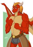 anthro belt blue_eyes clothing hair horn looking_at_viewer male membrane_(anatomy) membranous_wings orange_hair red_body red_scales scales simple_background solo tail wings spinal22 mythology dragon mythological_creature mythological_scalie scalie hi_res