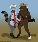 anthro balls bdsm blush clothing cowboy_hat duo embarrassed erection genitals halter hat headgear headwear lead male male/male penis petplay ponyplay riding_crop roleplay size_difference whip boypretties mixley ransom_mustang equid equine horse mammal procyonid raccoon hi_res