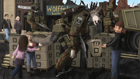 anthro armor clothing female group gun headgear helmet jacket male military_uniform ranged_weapon rifle ruins scar tail text topwear touching_tail uniform vehicle weapon young jayk_and resonant_evolution canid canine canis human mammal wolf 16:9 absurd_res english_text hi_res widescreen