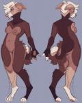 5_fingers anthro blue_eyes breasts digitigrade female fingers freckles fur hair multicolored_body multicolored_fur nude solo standing white_hair frappeholic canid canine canis domestic_dog mammal hi_res model_sheet