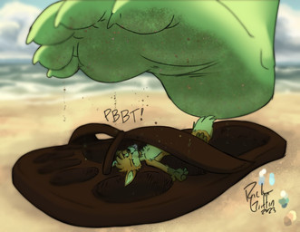 anthro beach close-up clothing depth_of_field dipstick_tail dirty dirty_feet duo extreme_size_difference feet foot_fetish footwear gloves_(marking) insole leg_markings male markings micro sand sandals shoes size_difference socks_(marking) tail tail_markings thong underwear mutsuju rick_griffin third-party_edit guana karishad canid canine fox iguana iguanid lizard mammal reptile scalie colored digital_drawing_(artwork) digital_media_(artwork)