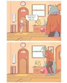 anthro clock detailed_background door duo furniture gesture inside table waving window eden_fries beastars haru_(beastars) legoshi_(beastars) canid canine canis domestic_rabbit dwarf_rabbit lagomorph leporid mammal oryctolagus rabbit wolf 2021 comic digital_media_(artwork) hi_res
