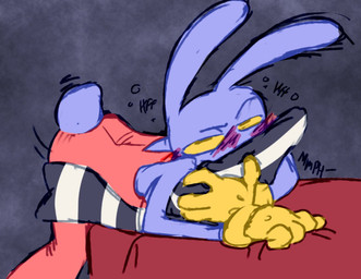 abstract_background anthro blush dry_humping fur grabbing grabbing_blanket grinding looking_at_viewer male masturbation moan motion_lines nub_tail pillow pillow_humping purple_body purple_fur solo tail tail_motion tailwag milkycalico glitch_productions the_amazing_digital_circus jax_(tadc) lagomorph leporid mammal rabbit
