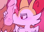 anthro blush bodily_fluids duo fellatio female fur genital_fluids genitals handjob heart_symbol inner_ear_fluff kissing male oral penile penis penis_grab penis_kissing precum sex tuft blue-rum nintendo pokemon braixen canid canine eevee generation_1_pokemon generation_6_pokemon mammal pokemon_(species) watermark