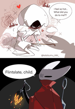 anthro black_face blush bodily_fluids clothed clothing dialogue duo heart_symbol hornet's_needle red_clothing shadow speech_bubble sweat text white_body white_head white_legs katatsumu_ktkt hollow_knight:_silksong hollow_knight_(franchise) team_cherry hornet_(hollow_knight) lace_(hollow_knight:_silksong) arthropod comic english_text hi_res