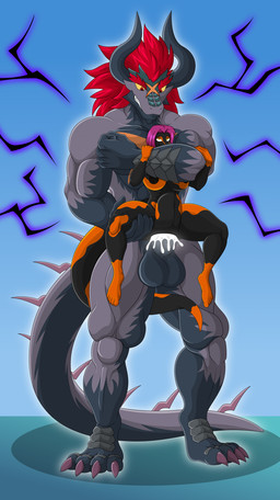 4_toes 5_fingers 5_toes abdominal_bulge abs anthro balls big_balls big_breasts big_penis black_body black_nipples bodily_fluids breasts carrying_another carrying_partner chokehold cum cum_in_vagina cum_inside dominant dominant_male duo electricity eye_roll feet female fingers genital_fluids genitals grey_body grin hair hand_on_arm holding_leg huge_breasts huge_penis hyper hyper_genitalia hyper_penis larger_male looking_pleasured male male/female muscular muscular_male nipples orange_body penis pink_hair red_eyes red_hair sex simple_background size_difference smaller_female smile spiked_tail spikes spikes_(anatomy) standing standing_sex tail tail_around_leg toes yellow_eyes danielssj bushiroad future_card_buddyfight mythology demon_lord_dragon_batzz maxine_(maxdamage_rulz) amphibian dragon fire_salamander mythological_creature mythological_scalie salamander scalie absurd_res hi_res