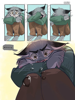 anthro dialogue fur grey_body grey_fur hair male open_mouth sad solo tail text wooren disney zootopia pawbert_lynxley canada_lynx felid feline felis lynx mammal 3:4 comic digital_media_(artwork) english_text
