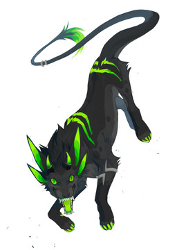accessory ambiguous_gender black_body black_fur claws fangs feral fur furgonomics glistening glistening_eyes green_claws green_eyes green_horn green_inner_ear green_markings green_sclera green_tongue grey_body grey_fur horn jewelry looking_at_viewer markings open_mouth quadruped ring simple_background solo tail tail_accessory tail_jewelry tail_ring tail_tuft teeth tongue tuft white_background corzh77 species_request absurd_res hi_res