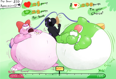 air_inflation bellows belly big_belly black_outline bodily_fluids creaking cross-popping_vein digit_ring donation_drive duo eyebrows fwoomp green_background green_body green_eyes hose hose_in_butt huge_belly hyper hyper_belly inflation jewelry motion_lines outline pink_body red_bow ring simple_background speech_bubble sweat text wedding_ring white_body crestdraggy mario_bros nintendo birdo dinosaur prehistoric_species reptile scalie yoshi 2023 absurd_res english_text hi_res