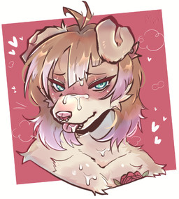 anthro blush bodily_fluids brown_hair cum cum_on_chest cum_on_face ears_down facial_piercing female flower fur genital_fluids green_eyes hair heart_symbol highlights_(coloring) lip_piercing looking_at_viewer multicolored_body multicolored_fur nose_piecing piercing pink_highlights pivoted_ears plant rose_(flower) simple_background solo steam tan_body tan_fur tongue tongue_out white_body white_fur h0t-garbage canid canine mammal headshot_portrait hi_res portrait shaded signature