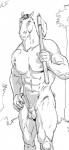 animal_genitalia anthro axe balls biped dale_(furronika) equid equine equine_sheath fully_sheathed furronika genitals greyscale hand_on_hip horse looking_away male mammal melee_weapon monochrome muscular muscular_anthro muscular_male portrait sheath solo standing three-quarter_portrait vein veiny_arms veiny_muscles weapon