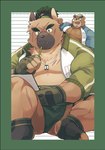 anthro asian_clothing belly brown_body brown_fur bulge clothing duo east_asian_clothing fingerless_gloves fur gloves green_hair hair handwear japanese_clothing male mawashi musclegut muscular pecs scar sawch_cls lifewonders tokyo_afterschool_summoners ashigara_(tas) yasuyori_(tas) bear canid canine canis domestic_dog mammal absurd_res hi_res