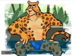 anthro black_eyebrows blue_clothing blue_speedo blue_swimwear bulge clothed clothing detailed_bulge eyebrows fingers genital_outline male muscular muscular_anthro muscular_male penis_outline solo speedo speedo_only swimwear tail topless water shtarfish cartoon_network my_gym_partner's_a_monkey mr._cheetah_(mgpam) cheetah felid feline mammal