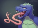 anthro bodily_fluids forked_tongue long_tongue looking_at_viewer male open_mouth open_smile saliva sharp_teeth smile solo teeth tongue yellow_eyes alvanarry scalie hi_res