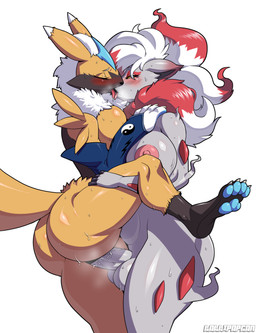 anthro anthro_on_anthro anthro_penetrated anthro_penetrating anthro_penetrating_anthro areola balls big_breasts blush bodily_fluids breasts butt drooling duo eyes_closed female female_penetrated french_kissing genitals gynomorph gynomorph/female gynomorph_penetrating gynomorph_penetrating_female intersex intersex/female intersex_penetrating intersex_penetrating_female kissing nipple_dip nipples open_mouth penetration penile penile_penetration penis pink_areola pink_nipples saliva sex sweat tongue tongue_out lollipopcon bandai_namco digimon nintendo pokemon pokemon_legends_arceus canid digimon_(species) generation_5_pokemon generation_7_pokemon generation_8_pokemon hisuian_form hisuian_zoroark hybrid legendary_pokemon mammal pokemon_(species) regional_form_(pokemon) renamon zeraora zoroark absurd_res crossover hi_res