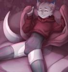 anthro bedding biped blanket blue_body blue_fur bulge chair clothing collar dipstick_ears ear_markings ear_tuft femboy fur furniture grey_body grey_fur latex legwear male multicolored_ears sitting smile sofa solo stockings sweater tail topwear tuft blackbird_(artist) mythology senky dragon furred_dragon furred_scalie mythological_creature mythological_scalie scalie 2018 hi_res