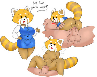 4_fingers anthro anthro_on_anthro anthro_penetrated anthro_penetrating anthro_penetrating_anthro areola balls big_breasts black_eyes black_text blue_bottomwear blue_clothing blue_skirt blue_topwear blue_vest blush blush_lines bodily_fluids boss_and_employee bottomless bottomless_anthro bottomless_female bottomwear breasts breath brown_areola brown_body brown_fur brown_inner_ear brown_nipples brown_tail clothed clothed/nude clothed_anthro clothed_female clothed_sex clothing collared_shirt dialogue dress_shirt duo empty_eyes erection eyebrows eyelashes female female_anthro female_penetrated fingers floppy_ears folded_ears fur genital_fluids genitals glowing glowing_eyes hand_on_hip hand_on_leg hand_on_own_hip hand_on_thigh humanoid_genitalia humanoid_vulva interspecies long_sleeves looking_back male male/female male_anthro male_penetrating male_penetrating_female markings motion_lines multicolored_body multicolored_fur navel nipples nude nude_anthro nude_female nude_male open_mouth orange_body orange_fur orange_tail partial_speech_bubble penetration penile penile_penetration penis penis_in_vagina pink_balls pink_body pink_ears pink_eyebrows pink_penis pink_skin red_eyes ring_(marking) ringed_tail sex shirt skirt striped_markings striped_tail stripes sweat sweaty_face tail tail_markings talking_to_another talking_to_partner text thrusting topwear two_tone_tail vaginal vaginal_fluids vaginal_penetration vein veiny_penis vest vulva white_body white_clothing white_ears white_fur white_shirt white_topwear dedreds aggretsuko sanrio director_ton retsuko ailurid domestic_pig mammal red_panda suid suine sus_(pig) 2026 english_text handwritten_text hi_res sequence