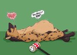 abdominal_bulge animal_genitalia belly big_belly burping claws dialogue eyes_closed feral feral_pred fully_inside fully_sheathed fur genitals green_background hammer lying male male_feral male_pred markings on_back semi-anthro sheath short_tail simple_background solo speech_bubble spots spotted_body spotted_fur tail talking_to_pred tan_body tan_fur text tools vore strega hyena mammal 2025 english_text hi_res