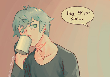 blue_hair clothed clothing coffee_mug container cup dark_clothing dialogue drinking gloves gradient_background green_eyes hair handwear holding_container holding_cup holding_mug holding_object human_only male mug neck_scar not_furry offscreen_character shirt simple_background solo speech_bubble tan_background text topwear puppetbomb brand_new_animal studio_trigger shirou_ogami human mammal artist_name english_text