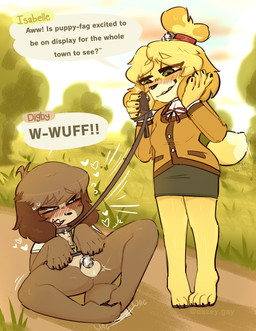 anthro anthro_on_anthro balls barefoot barking bdsm blush bodily_fluids bottomless bottomless_anthro bottomless_male bottomwear chastity_cage chastity_device claws clicker clicker_training clothed clothing collar day degradation dialogue dialogue_box dirty_talk dominant dominant_female dominant_sister duo emanata exhibitionism eyebrow_through_hair eyebrows eyelashes feet female fur genital_fluids genitals grass hair heart_symbol holding_object homophobic_slur humiliation leash lens_flare lying male male/female motion_lines narrowed_eyes on_back outside park petplay plant precum precum_while_chaste public roleplay shirt skirt slur smile standing submissive submissive_brother submissive_male sweater tail tail_motion tailwag text topwear translucent translucent_hair tree tuft wearing_chastity_cage wearing_chastity_device dazey animal_crossing nintendo digby_(animal_crossing) isabelle_(animal_crossing) canid canine canis domestic_dog mammal shih_tzu toy_dog 2026 absurd_res character_name english_text hi_res brother_(lore) brother_and_sister_(lore) incest_(lore) sibling_(lore) sister_(lore) twincest_(lore) twins_(lore)