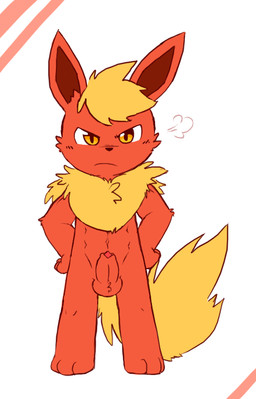 3_toes abs anthro anthrofied big_head erection feet foreskin fur genitals grumpy looking_at_viewer male orange_eyes partially_retracted_foreskin penis pokemorph solo toes toony tsundere young young_anthro young_male oob nintendo pokemon eeveelution flareon generation_1_pokemon pokemon_(species) 2014