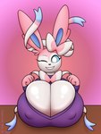 anthro big_breasts breast_rest breasts cleavage cleavage_overflow clothed clothing female huge_breasts looking_at_viewer nipple_outline one_eye_closed solo wink winking_at_viewer chameloshi nintendo pokemon eeveelution generation_6_pokemon pokemon_(species) sylveon 2025 3:4 hi_res