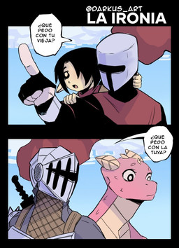 armor black_border black_eyes black_hair border clothing day dialogue female feral fingerless_gloves gesture gloves group hair hand_gesture handwear headgear helmet horn knight male melee_weapon outside pointing red_body red_clothing red_scales red_shirt red_topwear red_tunic scales shirt short_horn shoulder_pads sky small_horn sword sword_on_back text topwear tunic warrior weapon yellow_horn darkus_art mythology dragon goblin human humanoid mammal mythological_creature mythological_scalie scalie comic spanish_text translation_check