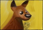 ambiguous_gender beady_eyes big_nose blank_stare brown_body brown_fur feral fur gradient_background simple_background solo toony yellow_background creature_bloom unnamed_character canid canine fox mammal 2024 bust_portrait hi_res painting_(artwork) portrait warm_colors