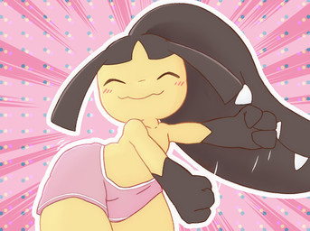 3_fingers ambiguous_gender anthro bangs black_body black_hair black_skin blush bottomwear clothed clothing eyes_closed fingers gloves_(marking) hair hair_mouth markings motion_lines outline parted_bangs pattern_background pink_background pink_bottomwear pink_clothing pink_shorts pseudo_hair sharp_teeth shorts simple_background smile solo teeth topless white_outline yellow_body yellow_skin mawaifu nintendo pokemon generation_3_pokemon mawile pokemon_(species) 2022 portrait three-quarter_portrait