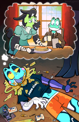 ambiguous_gender anthro bodily_fluids breakfast clothing daydream dress drug_usage female female/female genital_fluids group machine overdose suit trio urine vomit wetting squeakygears chappie_(squeakygears) knives_(squeakygears) amphibian asinus donkey equid equine frog humanoid mammal robot robot_humanoid 9:14 hi_res