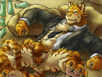 5_fingers abs anthro balls biceps bottomless chest_tuft claws clothed clothing drunk fangs fingers floor fur genitals kemono lying male markings muscular muscular_anthro muscular_male necktie pawpads paws pecs pillow solo striped_body striped_fur striped_markings striped_tail stripes substance_intoxication tail tail_markings teeth toe_claws tuft tupidwithouts felid mammal pantherine tiger 2017 absurd_res digital_media_(artwork) hi_res