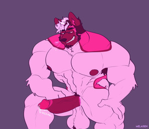 anthro armpit_hair ball_tuft balls big_muscles big_pecs big_penis bodily_fluids body_hair breath brown_armpit_hair brown_body brown_face brown_facial_hair brown_fur brown_goatee brown_nipples brown_penis circumcised crouching dripping facial_hair fur genital_fluids genitals glans goatee grin hair male male_anthro multicolored_body multicolored_fur muscular muscular_anthro muscular_male nipples nude_anthro nude_male pecs penis pink_body pink_fur pink_hair precum precum_drip purple_background saggy_balls simple_background smile solo sound_effects teeth text tuft vein veiny_penis melaisen bau_(melaisen) akita american_akita canid canine canis domestic_dog mammal spitz 2022 absurd_res artist_name hi_res portrait three-quarter_portrait