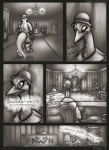 absurd_res anthro avian bird clothed clothing comic elevator english_text female greyscale hat headgear headwear hi_res male mammal monochrome mustelid otter shanegdraco stork text vicky_(disambiguation) wes