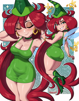 back_wings big_breasts boots bracelet breasts bubble_butt butt choker cleavage clothed clothed_female clothed_humanoid clothing dress ear_piercing ear_ring eyebrow_through_hair eyebrows eyelashes eyes_closed female female_focus fingers footwear freckled_breasts freckled_face freckled_shoulders freckles green_choker green_clothing green_dress green_eyes green_footwear green_hat green_headwear green_high_heels green_jewelry green_necklace grin grinning_at_viewer group hair hat headgear headwear high_heeled_boots high_heels hoop_ear_ring humanoid_focus insect_wings jewelry long_hair looking_at_viewer navel_outline necklace piercing red_hair ring_piercing shoes smile smiling_at_viewer solo solo_focus sparkles translucent translucent_hair wings sarukaiwolf rayman_(series) ubisoft betilla fairy humanoid lum_(rayman) 2026 absurd_res alternate_version_at_paywall hi_res signature