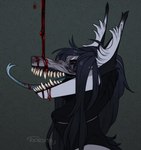 anthro black_body black_fur black_hair black_sclera blood blood_on_chin blood_on_face blood_on_tongue blue_body blue_eyes blue_inner_ear_fluff bodily_fluids female fur glistening glistening_eyes hair inner_ear_fluff long_hair open_mouth sharp_teeth side_view simple_background solo teeth tuft riorix 2018 bust_portrait dated hi_res portrait signature