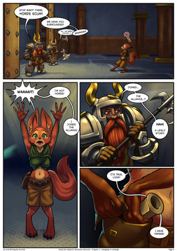 anthro armor axe beard big_ears claws clothed clothing dialogue duo facial_hair female fur green_eyes group holding_object holding_weapon male open_mouth surprise surprised_expression tail text trio weapon hunnter blizzard_entertainment warcraft vicky_the_vulpera canid canine dwarf fox humanoid mammal vulpera absurd_res comic digital_media_(artwork) english_text hi_res