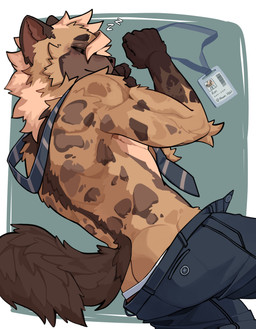 accessory anthro arm_tuft bottomwear bottomwear_down brown_arms brown_body brown_feet brown_fur brown_tail butt clothed clothing eyes_closed feet fur id_card male markings multicolored_body multicolored_fur muscular muscular_anthro muscular_male necktie onomatopoeia open_bottomwear open_clothing sleeping solo sound_effects spots spotted_body spotted_fur tail tan_body tan_fur text tuft l4ng hyena mammal spotted_hyena 2026 absurd_res digital_drawing_(artwork) digital_media_(artwork) hi_res