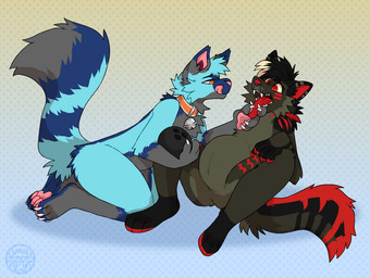 abdominal_bulge anthro ball bell belly blue_body blue_fur bowling_ball cheek_markings claws collar duo facial_markings fangs feeding force_feeding forced fur grey_body grey_fur head_markings kneeling licking licking_lips male male/male male_pred markings null object_in_stomach object_ingestion object_vore open_mouth oral_vore paws red_body red_fur teeth tongue tongue_out vore foulfur amicus_verum dirge_(iamsparkywolf) canid canine canis domestic_cat felid feline felis mammal wolf